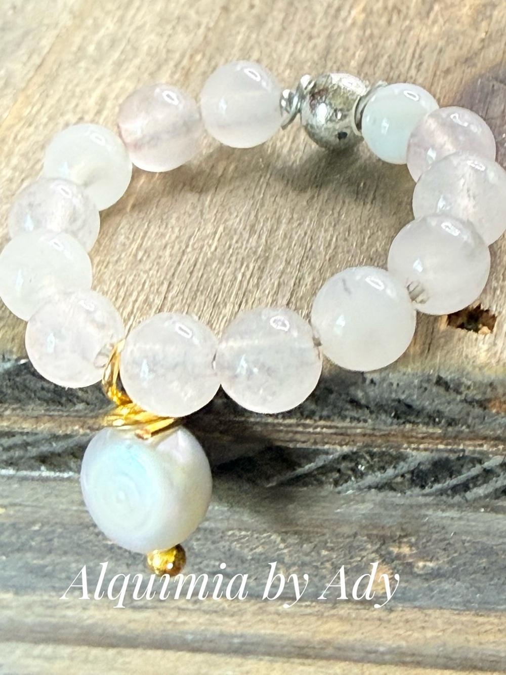 Pale pink quartz Beaded Ring with Gold baroque Pearl Charm